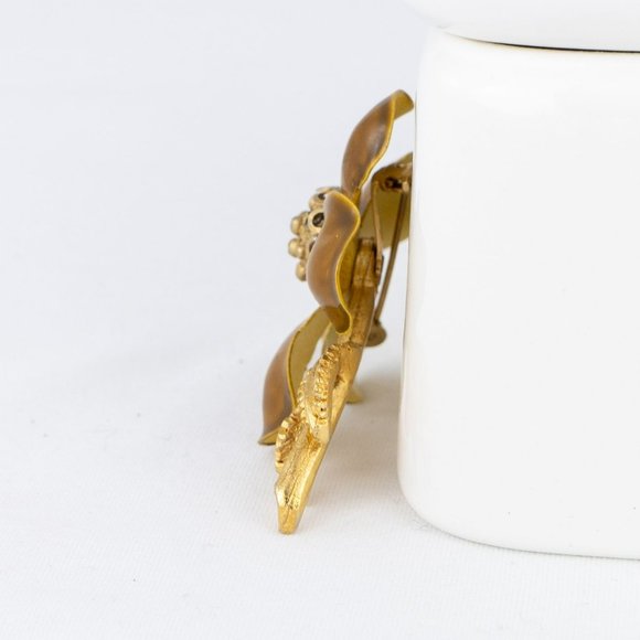 Vintage Flower Brooch Mustard Yellow Brown Gold Tone Metal Stem Leaves Brooch - Picture 3 of 6